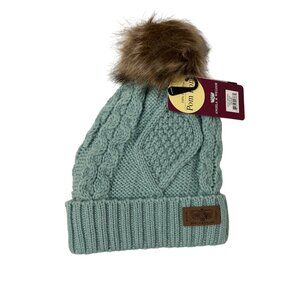 Angela & William Mint Green Fleece Lined Knit Beanie With Faux Fur Pom Pom